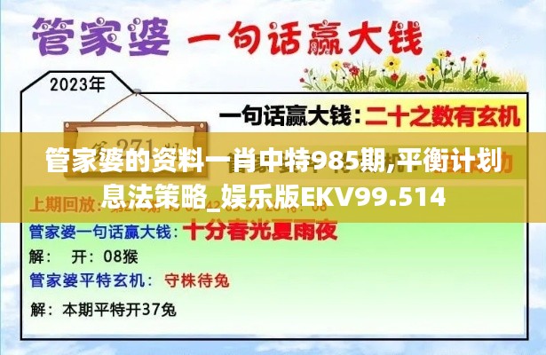 管家婆的資料一肖中特985期,平衡計劃息法策略_娛樂版EKV99.514