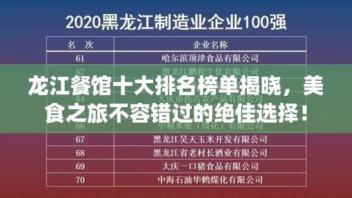 龍江餐館十大排名榜單揭曉，美食之旅不容錯過的絕佳選擇！